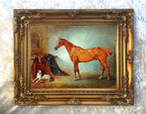 Fine Oleograph on Canvas - Chestnut Hunter in a Stall  with a Dog aft. Ferneley