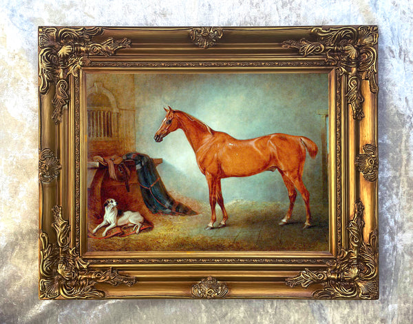 Fine Oleograph on Canvas - Chestnut Hunter in a Stall  with a Dog aft. Ferneley