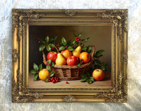 Fine Oleograph on Canvas Still Life of Festive Fruit in a Wicker Basket on a Marble Ledge