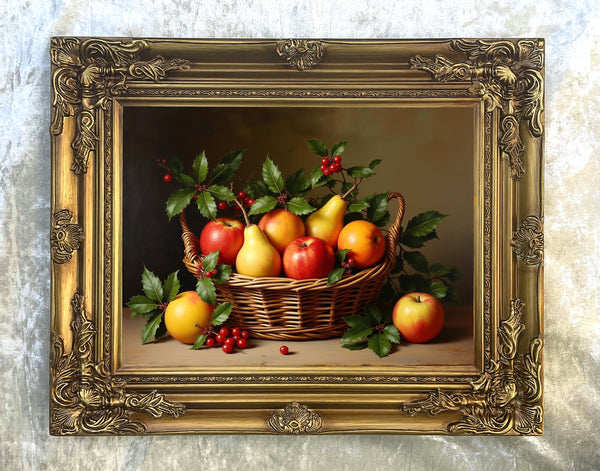 Fine Oleograph on Canvas Still Life of Festive Fruit in a Wicker Basket on a Marble Ledge