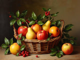 Fine Oleograph on Canvas Still Life of Festive Fruit in a Wicker Basket on a Marble Ledge