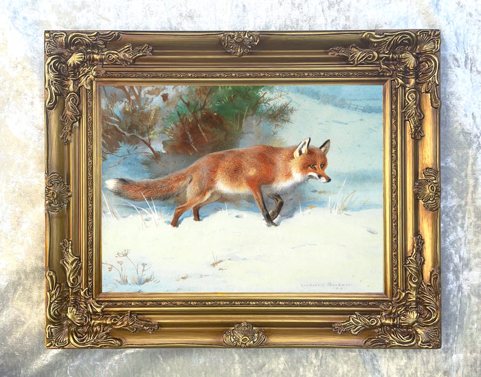 Gilt Framed Oleograph of a Fox in Winter