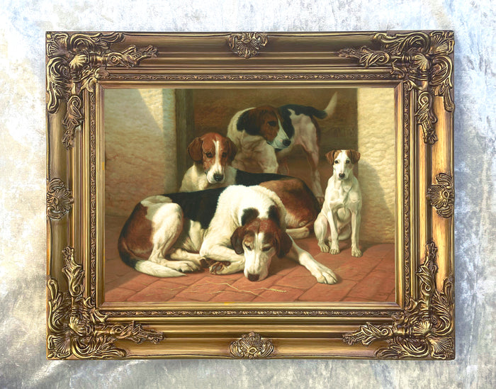 Gilt Framed Oleograph of Foxhounds in a Stable