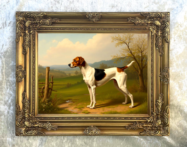 Beautiful Oleograph on Canvas - An Old English Foxhound in a Landscape