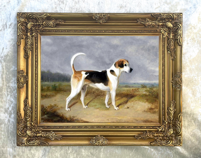 Gilt Framed Oleograph of a Foxhound with a Hunt in the distance