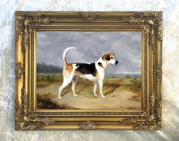 Gilt Framed Oleograph of a Foxhound with a Hunt in the distance