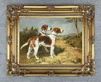 Beautiful Oleograph on Canvas - Two Foxhounds in a Landscape aft. Emms