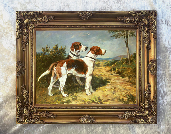 Beautiful Oleograph on Canvas - Two Foxhounds in a Landscape aft. Emms