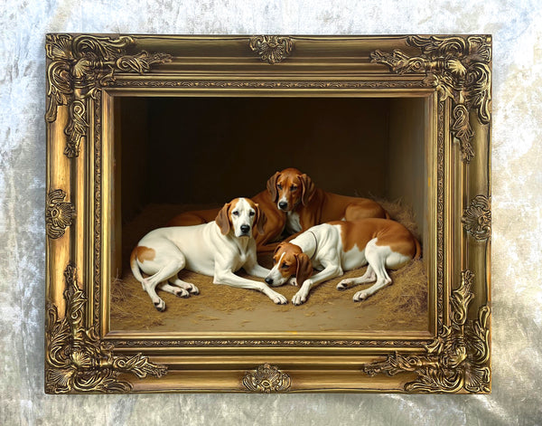 Fine Oleograph on Canvas - A Group of Foxhounds resting in a Stable