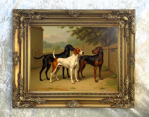 Fine Oleograph on Canvas - 3 Foxhounds in a Stable Yard