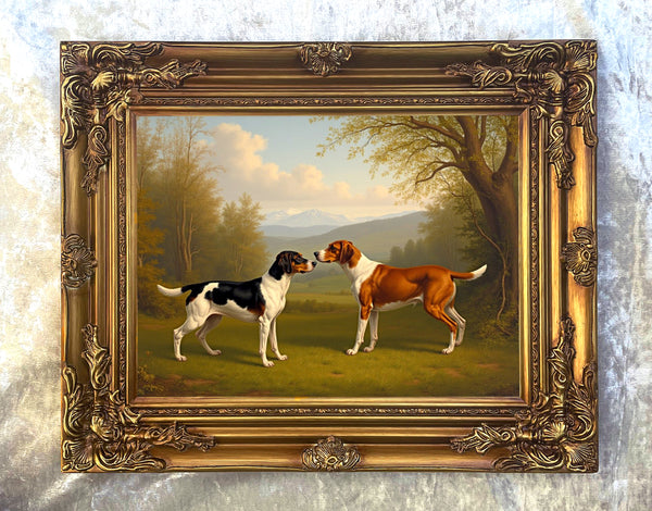 Fine Oleograph on Canvas - A Pair of Foxhounds in a Woodland Landscape