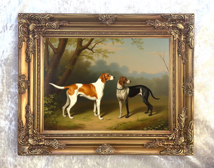 Fine Oleograph on Canvas - A Pair of Foxhounds in a Woodland Landscape