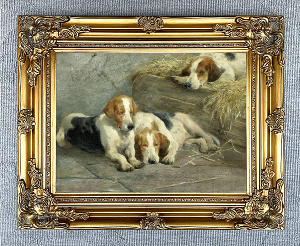 Gilt Framed Oleograph of Sleeping Foxhounds