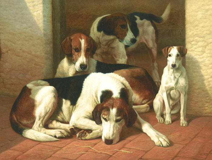 Gilt Framed Oleograph of Foxhounds in a Stable