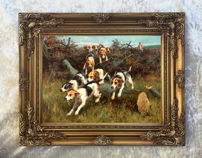 Fine Framed Oleograph of Foxhounds 