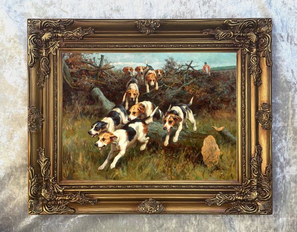 Fine Framed Oleograph of Foxhounds "The Chase"