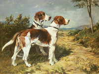 Beautiful Oleograph on Canvas - Two Foxhounds in a Landscape aft. Emms