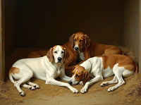 Fine Oleograph on Canvas - A Group of Foxhounds resting in a Stable