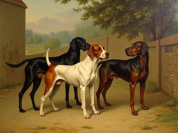 Fine Oleograph on Canvas - 3 Foxhounds in a Stable Yard