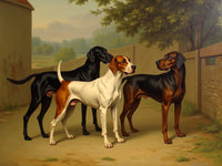 Fine Oleograph on Canvas - 3 Foxhounds in a Stable Yard