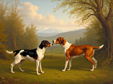 Fine Oleograph on Canvas - A Pair of Foxhounds in a Woodland Landscape