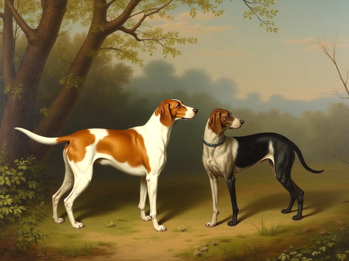 Fine Oleograph on Canvas - A Pair of Foxhounds in a Woodland Landscape