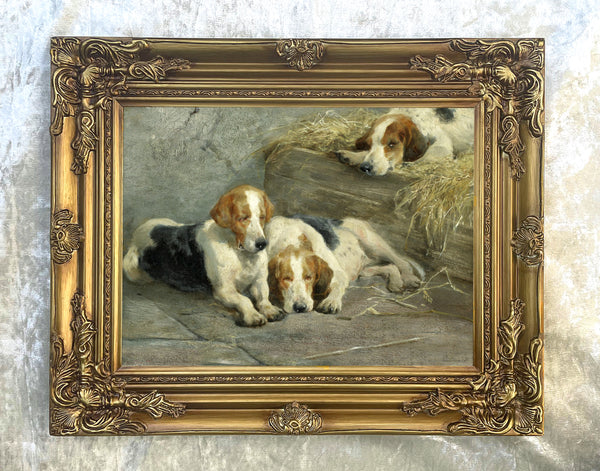 Gilt Framed Oleograph of Sleeping Foxhounds
