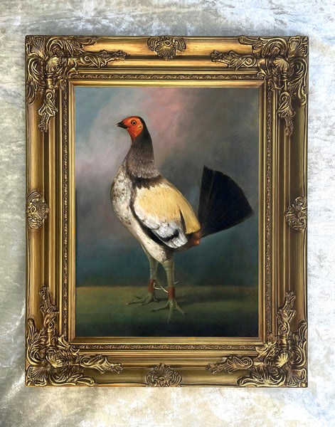 Fine Gilt Framed Oleograph of a "Champion Gamecock" in a Rural Landscape