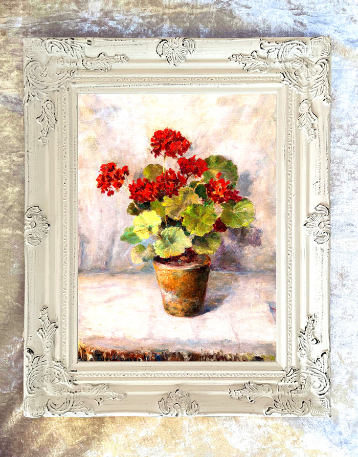 Exquisite Oleograph on Canvas Still Life of Geraniums in a Flower Pot
