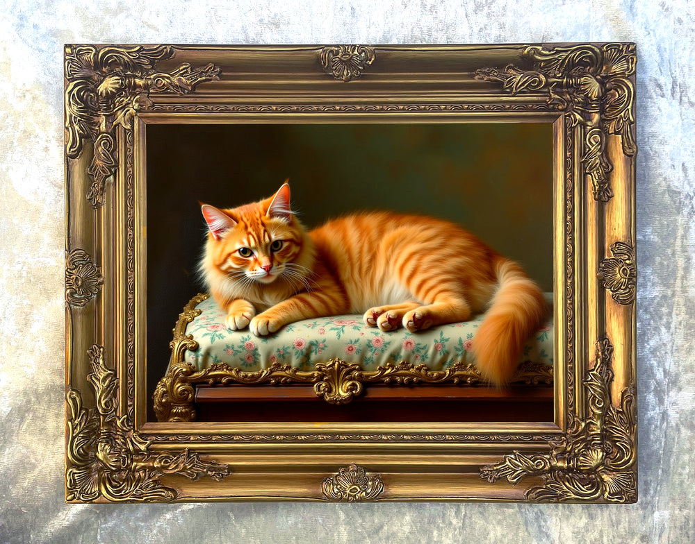 Ornate Framed Oleograph on Canvas of a Long Haired Ginger Cat