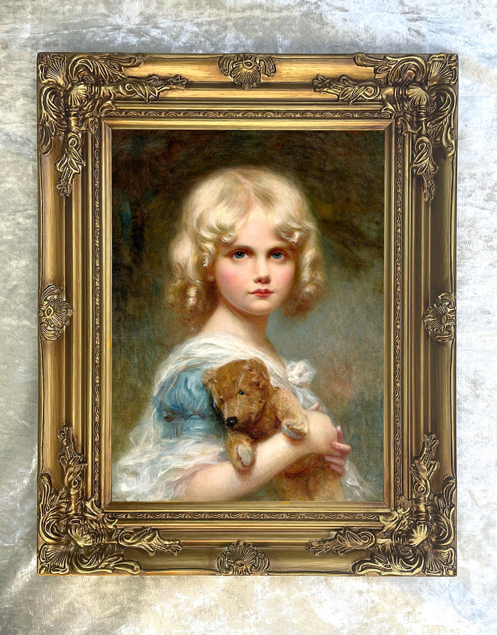 Fine Oleograph on Canvas - Portrait of a Girl with a Teddy Bear