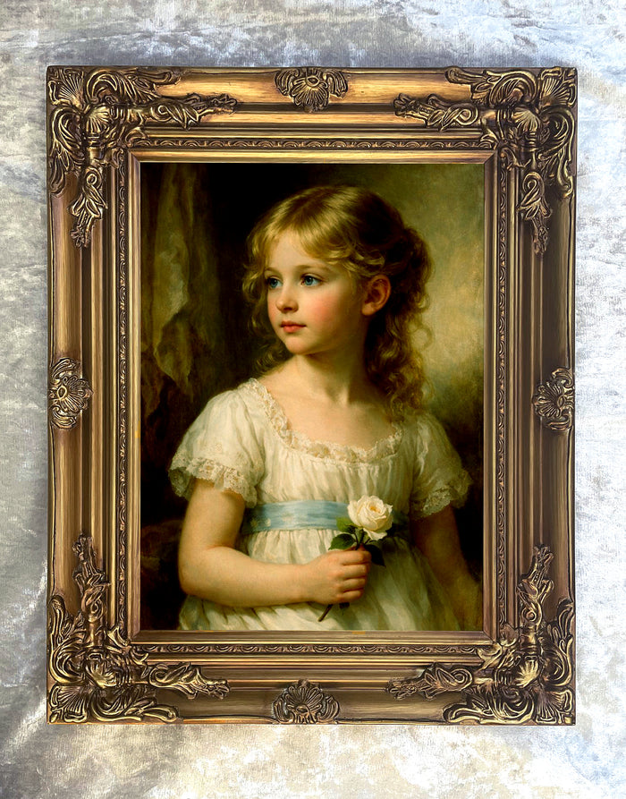 Exquisite Oleograph on Canvas - Portrait of a Young girl holding a flower