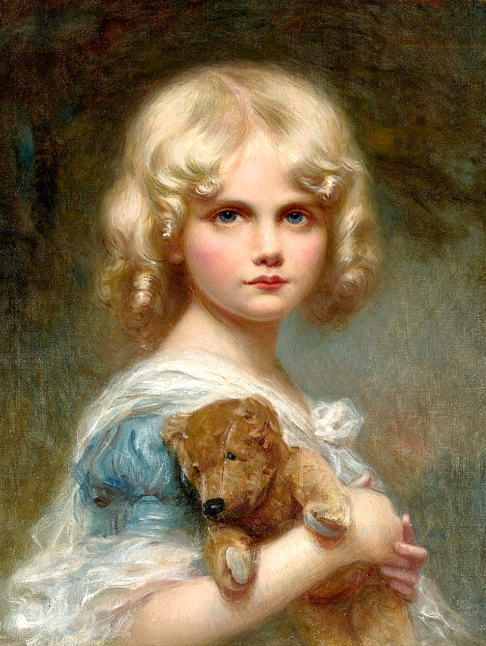 Fine Oleograph on Canvas - Portrait of a Girl with a Teddy Bear