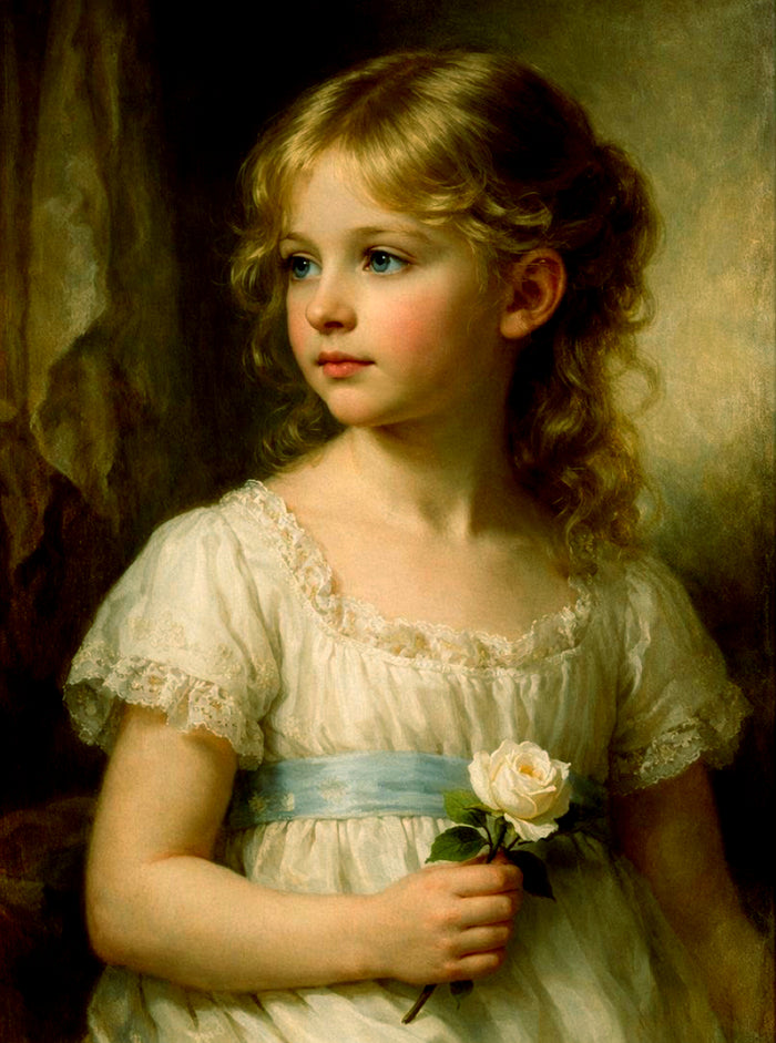 Exquisite Oleograph on Canvas - Portrait of a Young girl holding a flower