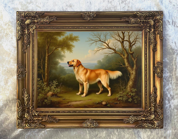 Fine Ornate Framed Oil Painting Print - Golden Retriever in a Landscape