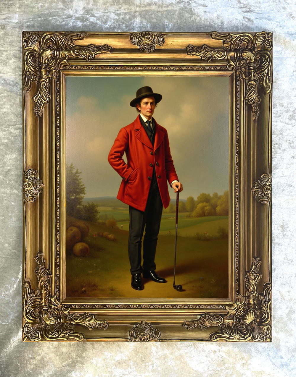 Fine Portrait of an American C19th Golfer on the Green - Oleograph on Canvas