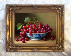 Superb Still Life Oleograph on Canvas  of Grapes in an Antique Chinese Blue & White  Bowl