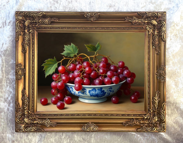 Superb Still Life Oleograph on Canvas  of Grapes in an Antique Chinese Blue & White  Bowl