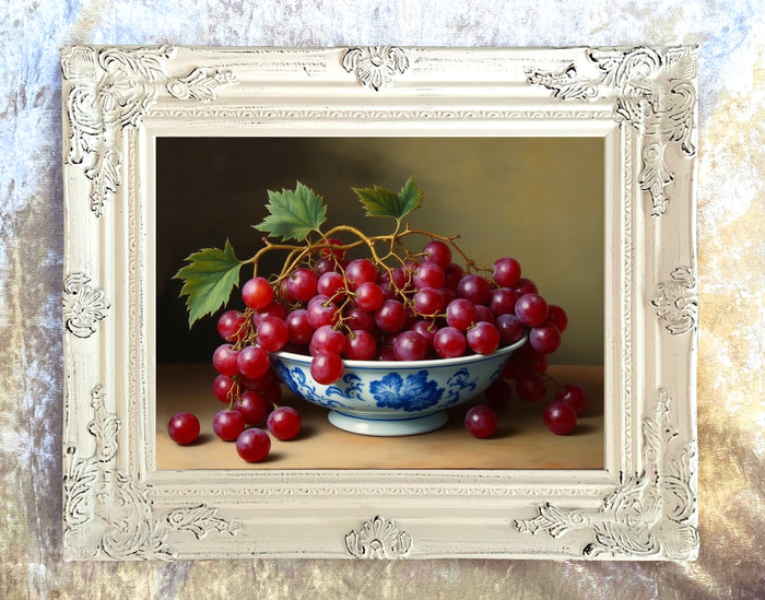 Superb Still Life Oleograph on Canvas  of Grapes in an Antique Chinese Blue & White  Bowl
