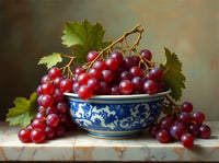 Exquisite Still Life Oleograph on Canvas  of Grapes in an Antique Chinese Blue & White  Bowl