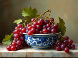 Exquisite Still Life Oleograph on Canvas  of Grapes in an Antique Chinese Blue & White  Bowl