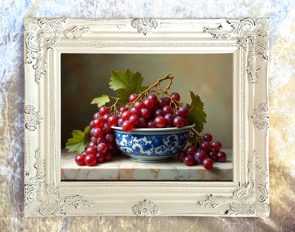 Exquisite Still Life Oleograph on Canvas  of Grapes in an Antique Chinese Blue & White  Bowl