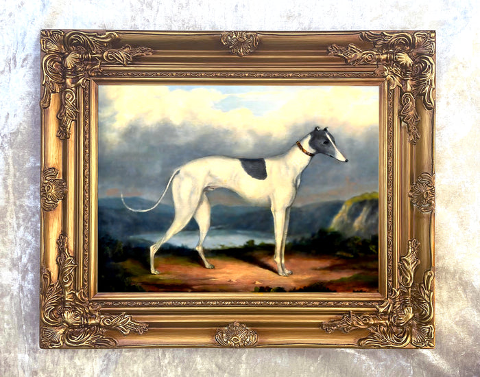 Gilt Framed Oleograph of a Greyhound in a Moorland Landscape