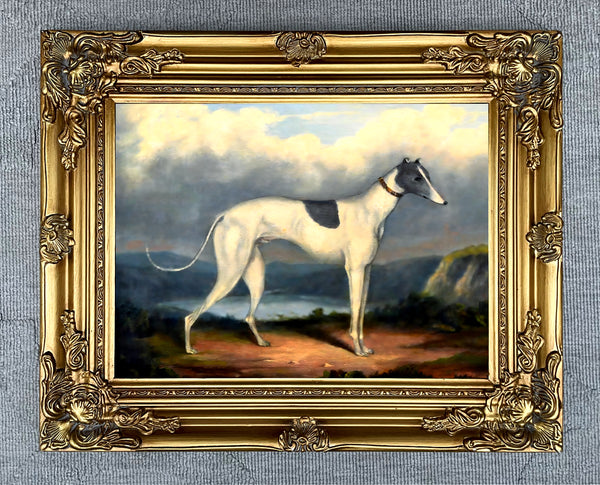 Gilt Framed Oleograph of a Greyhound in a Moorland Landscape