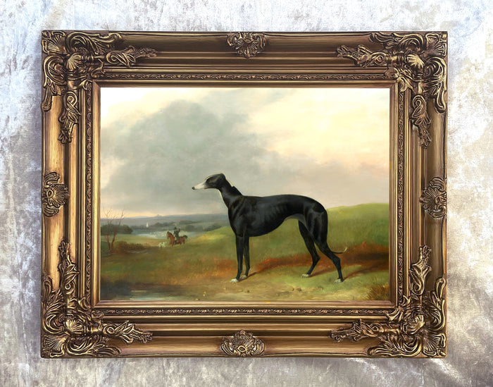 Gilt Framed Oleograph of a Greyhound in a Extensive Rural Landscape