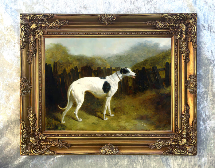 Gilt Framed Oleograph of a Black & White  Greyhound in a Landscape