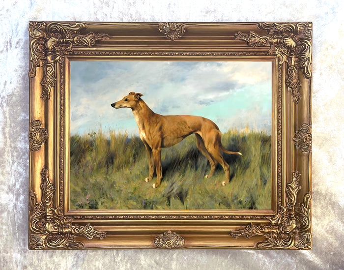 Gilt Framed Oleograph of  a Greyhound in a Field