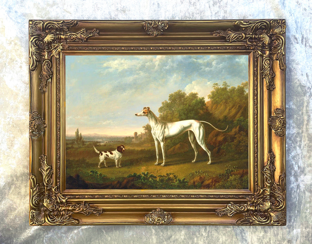 Gilt Framed Oleograph -  A Greyhound & Spaniel in a Landscape