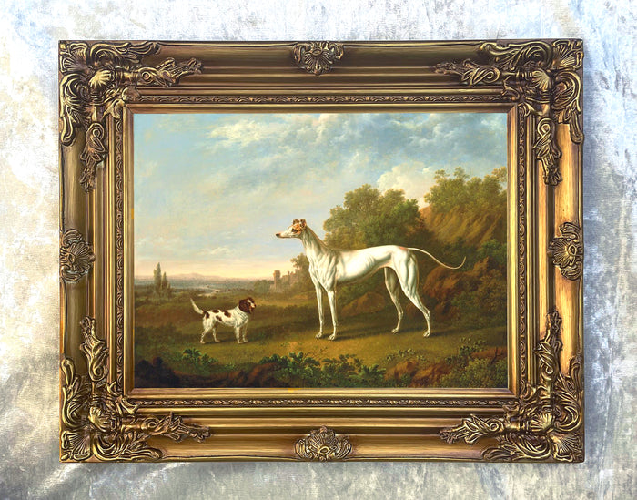 Gilt Framed Oleograph -  A Greyhound & Spaniel in a Landscape