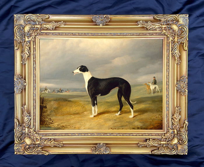 Framed Oleograph of a Prize Greyhound in an extensive landscape